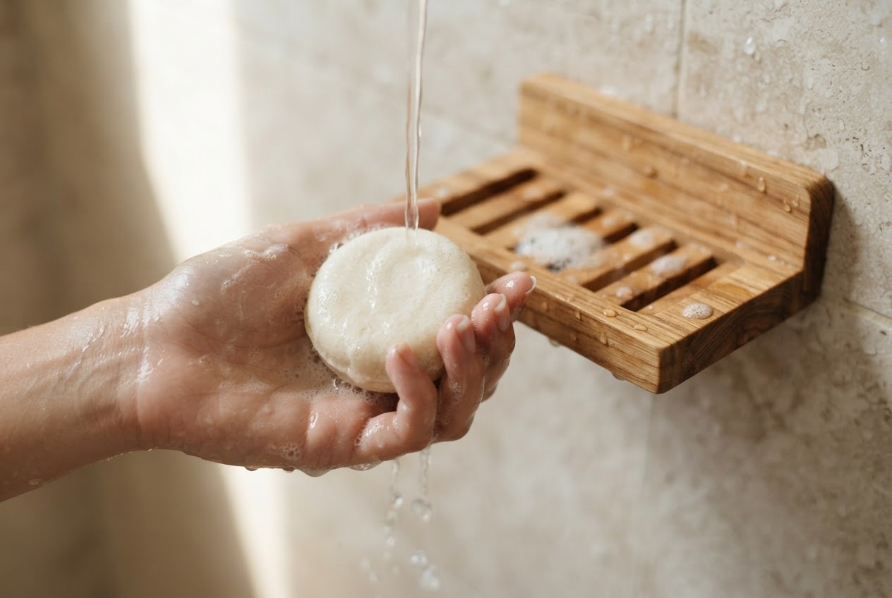 A wet solid shampoo bar in a hand, with gentle lather, placed on a wooden soap dish nearby, next to a shower or sink.