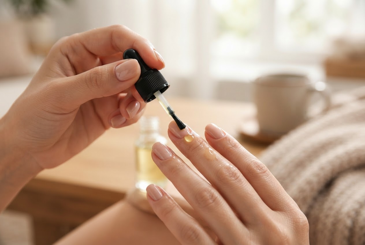 A person applying cuticle oil with a brush to their fingernails at home, with a small oil bottle nearby.