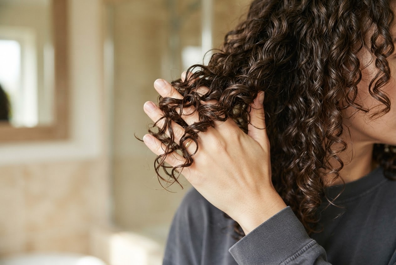A person cupping a section of curly hair in their palm and gently pressing it upward toward the scalp.
