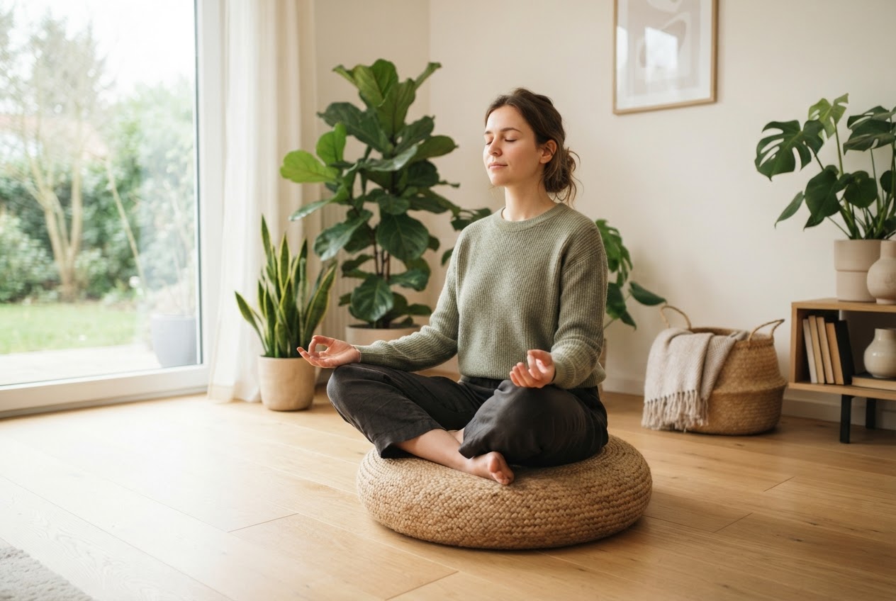 Person meditating cross-legged on a cushion in a calm room.