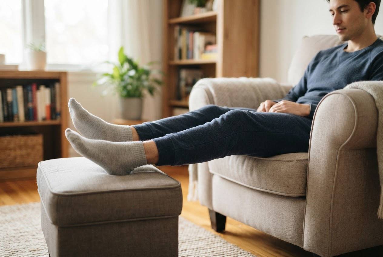 A person sitting with legs elevated on a stool, doing foot circles, in a living room setting.