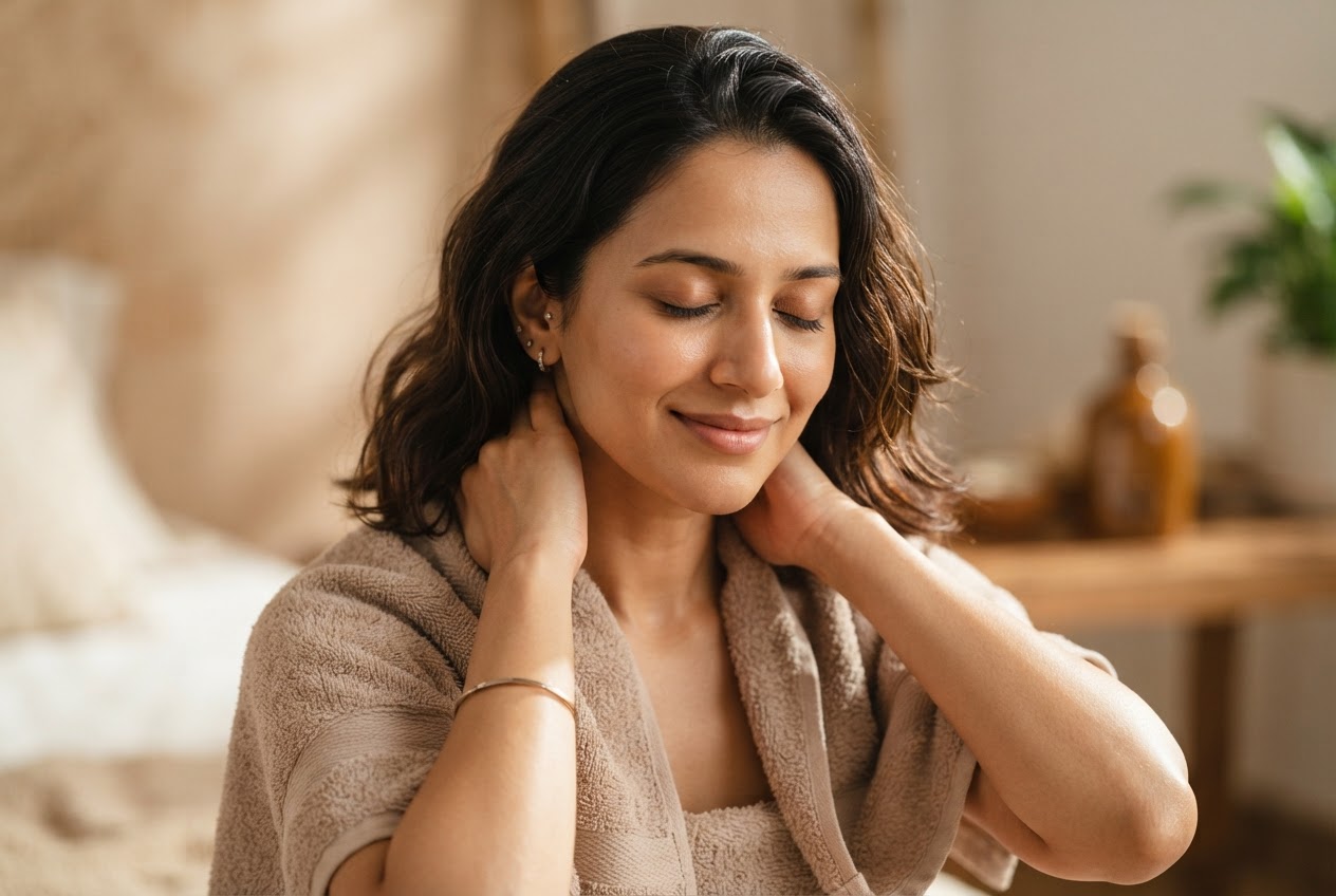 A person with a towel around shoulders, relaxed expression, hands resting on neck, oiled hair.