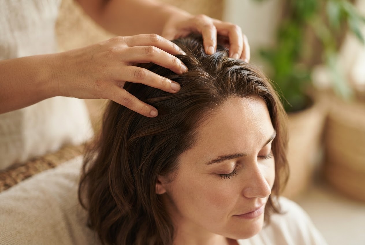 A person with dark hair receiving a scalp massage with fingertips, oil glistening on the scalp.