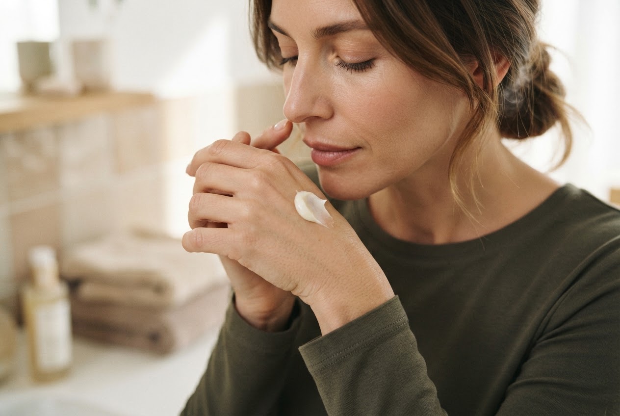 A person smelling a dab of hair product on their wrist to test the fragrance.