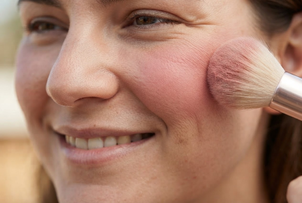 A person smiling, with blush applied on the highest point of the cheekbones, a brush near the cheek.