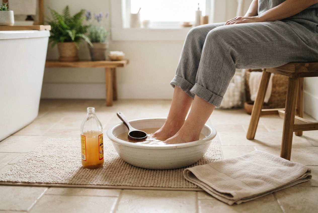 A person soaking their feet in a basin of warm water with a splash of apple cider vinegar, a bottle nearby.