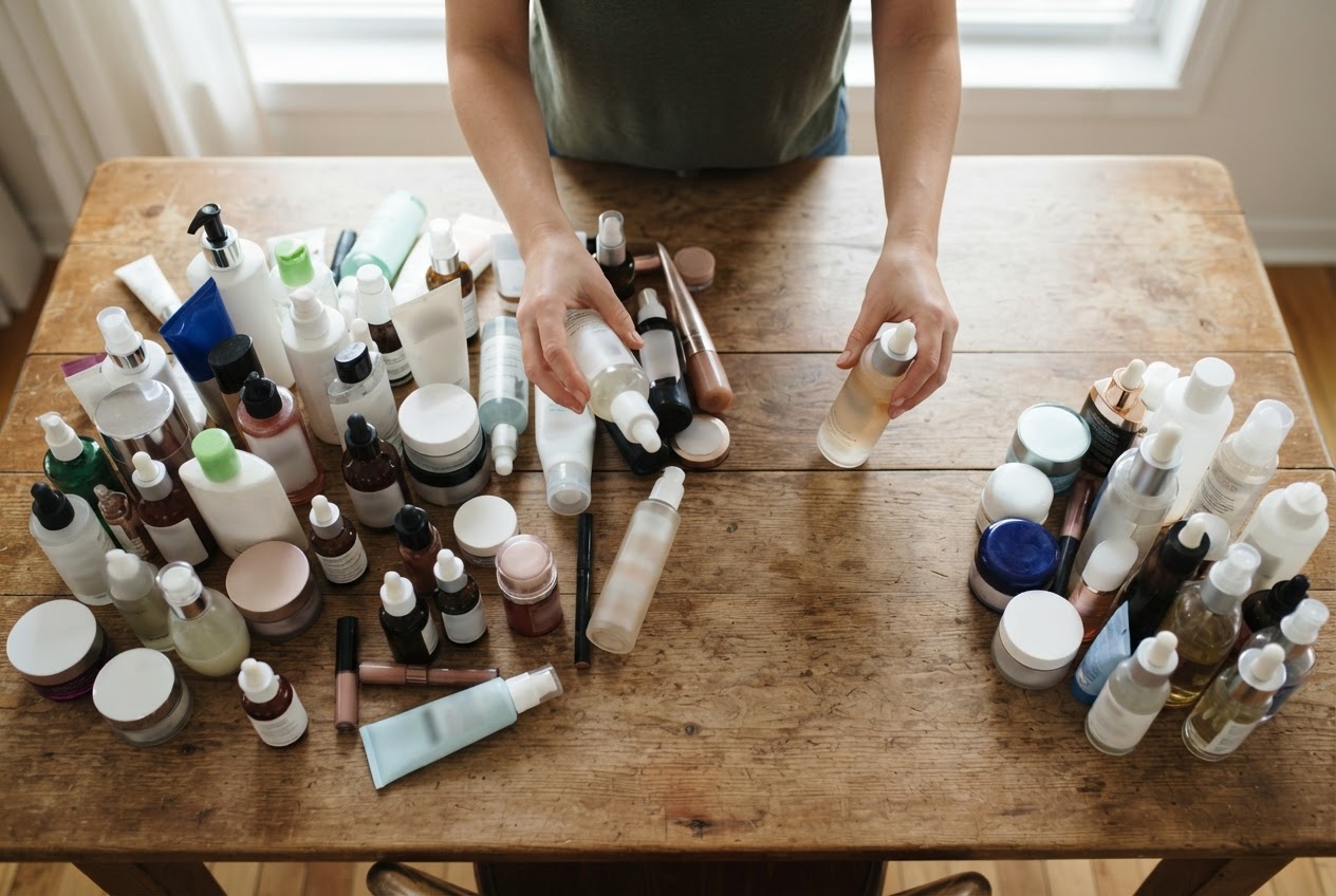 A person spreading out various skincare products on a table to sort them, with some products set aside.