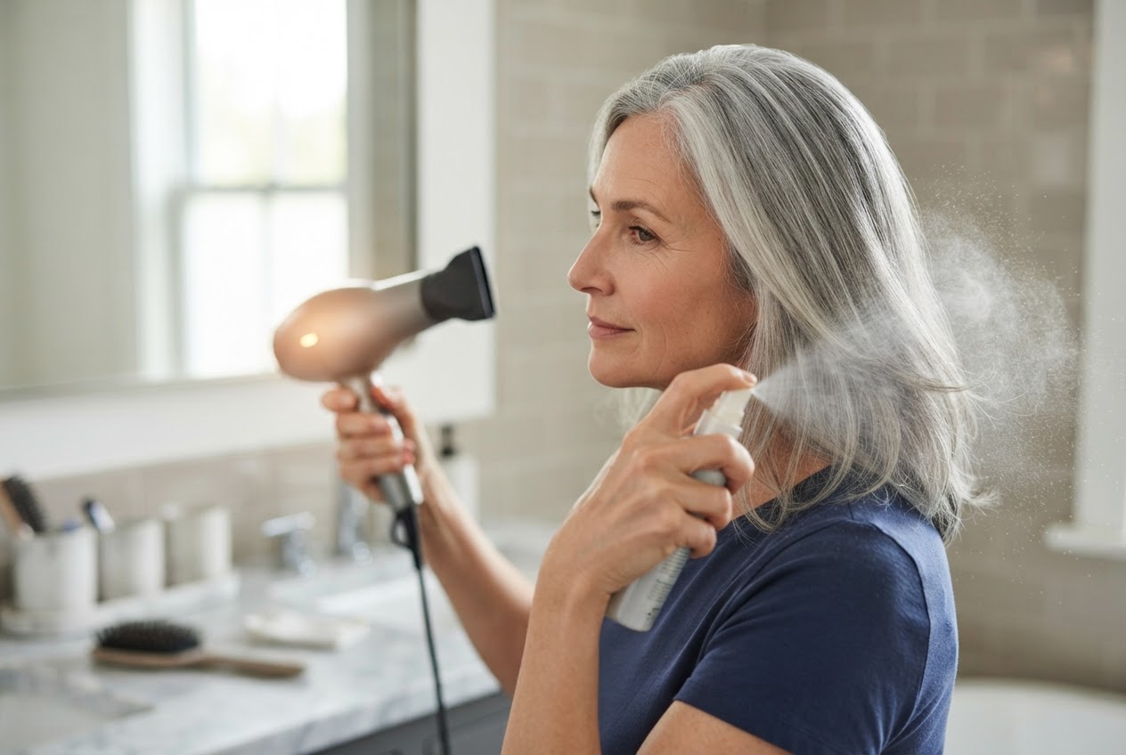 Person spraying a heat protectant mist onto gray hair while holding a hairdryer at a distance.