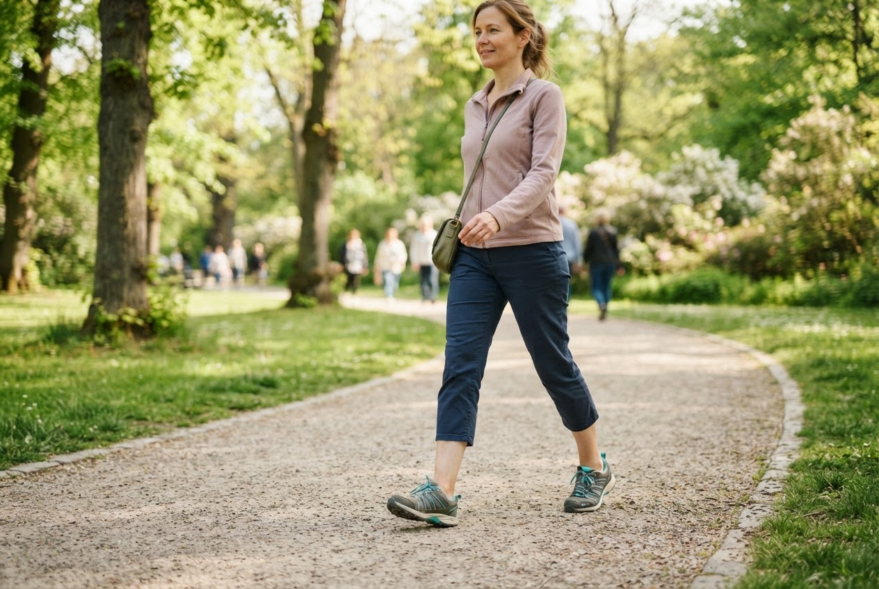 A person walking outdoors in comfortable clothing, legs visible, in a park setting.