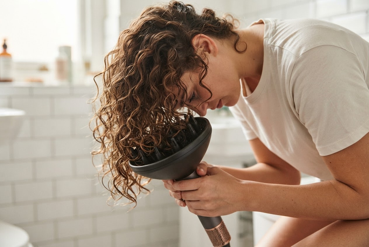 A person using a blow dryer with diffuser attachment, head upside down, hair placed in the diffuser bowl, pressing curls upward