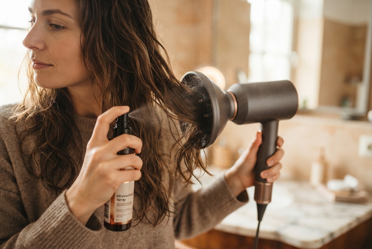 A woman using a hair dryer with diffuser on medium heat, applying heat protectant spray from a bottle.