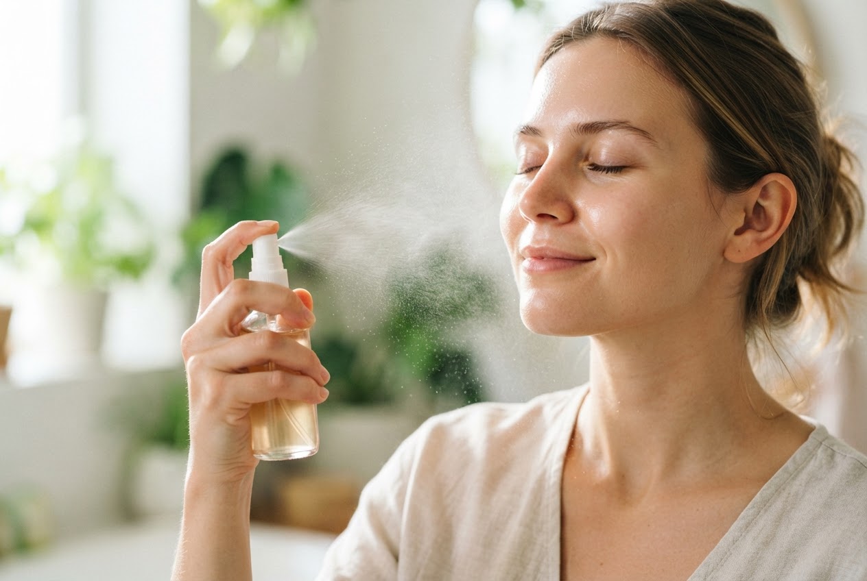 A person spraying a fine mist of diluted apple cider vinegar onto their face from a spray bottle.