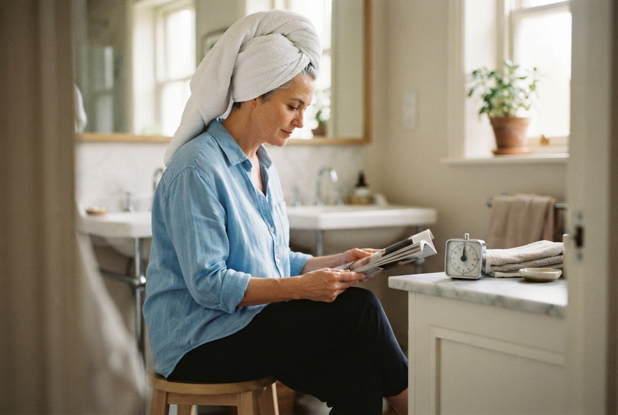 A person with a towel on their head sitting on a stool in the bathroom, with a small timer on the counter.