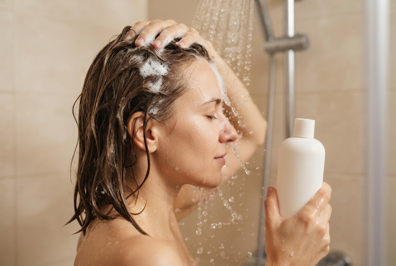 A hand holding a bottle of mild shampoo, with gentle foam on the head of a person showering.