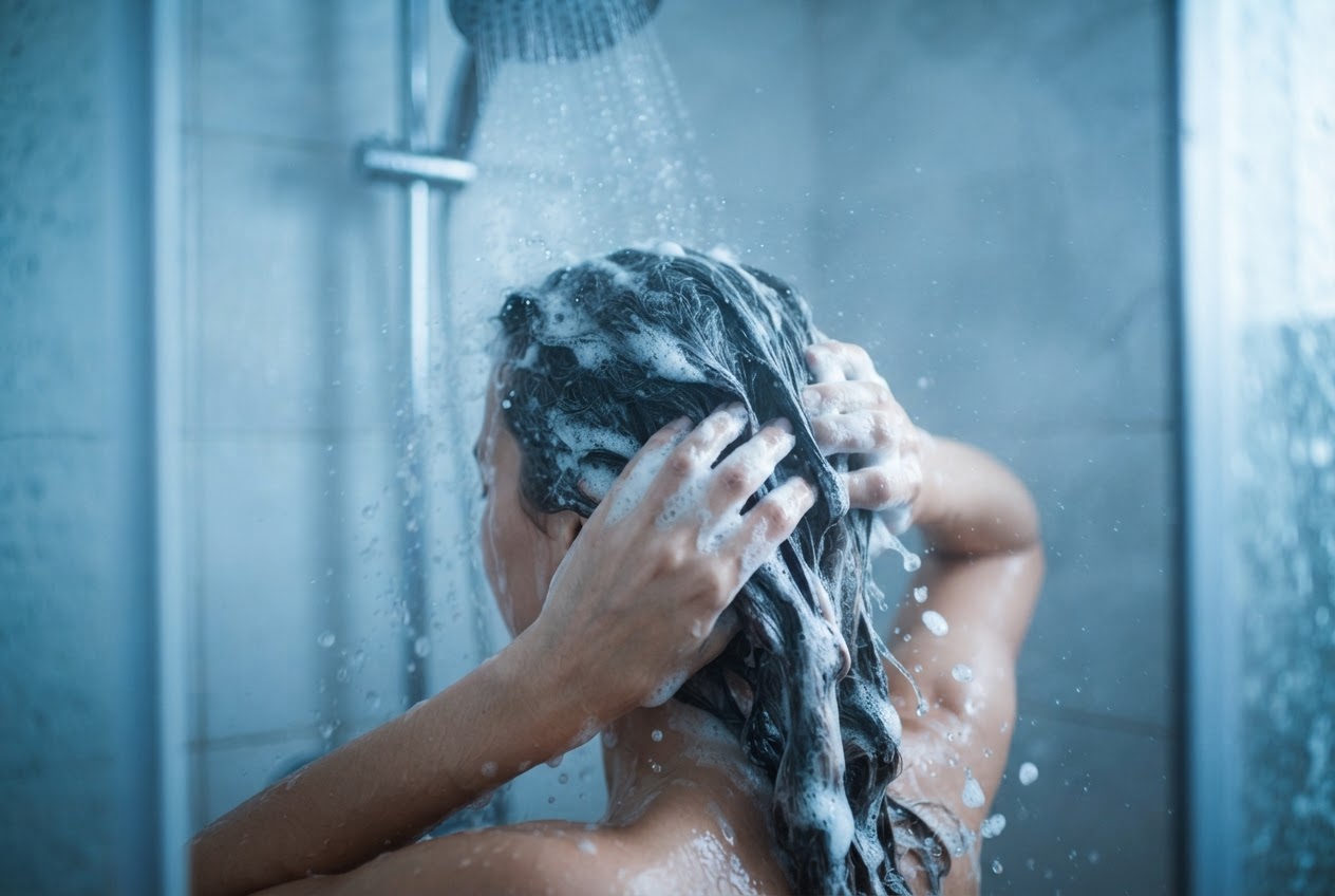 A person washing their hair with shampoo, with rich lather and water flowing, representing the thorough two-step cleansing.