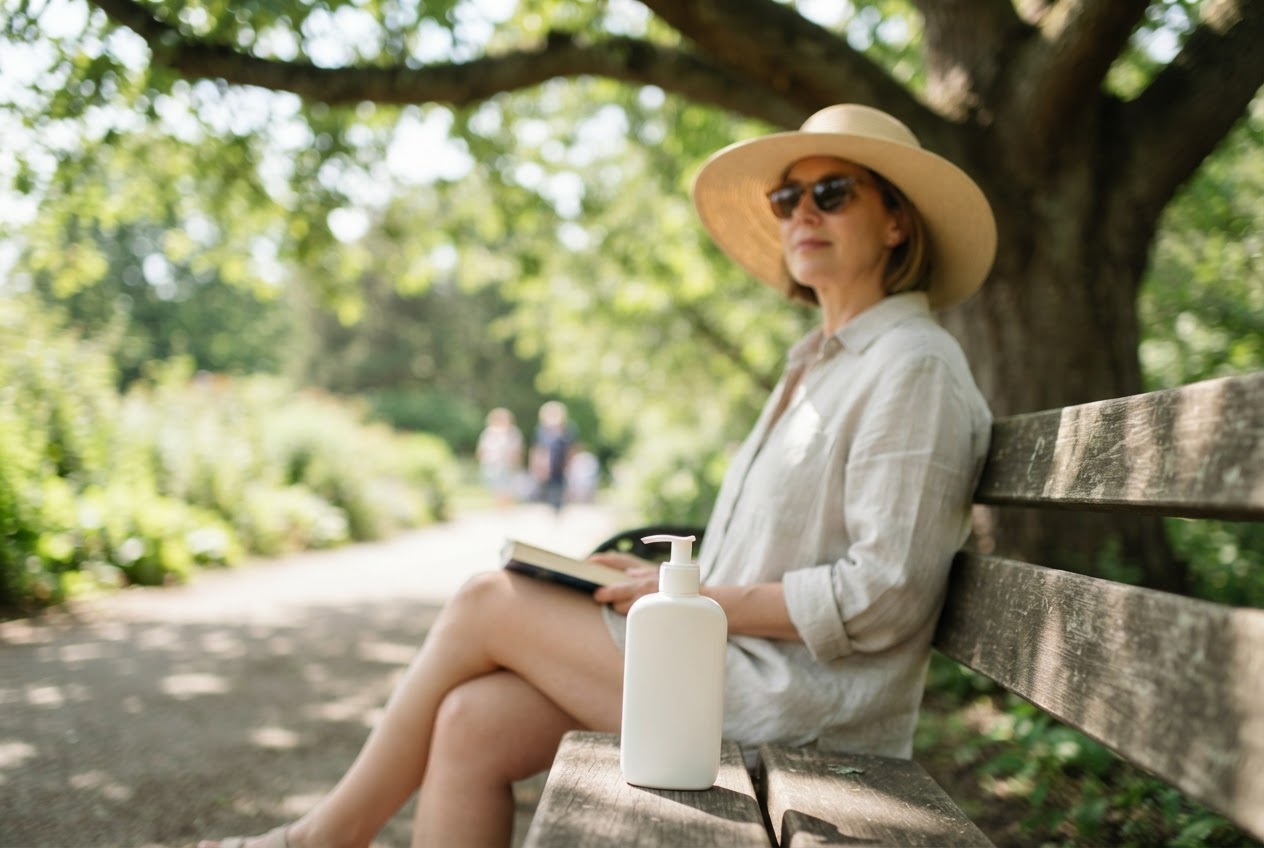 A person wearing a wide-brimmed hat outdoors in a sunny park, with sunscreen on a bench nearby.