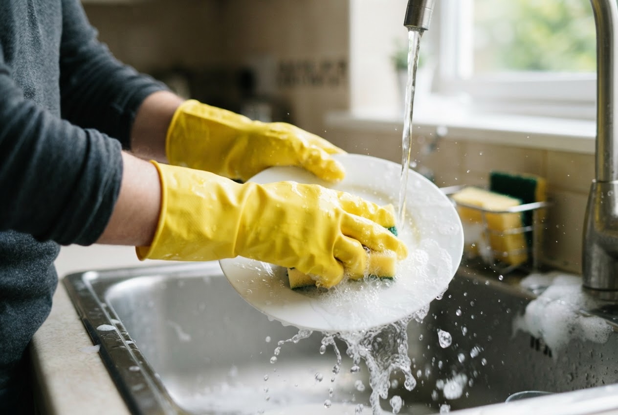 Hands wearing yellow rubber gloves while washing dishes under running water, with a sponge in one hand.