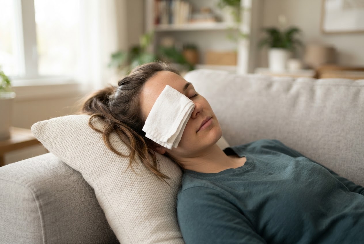 A person lying down with a cold compress over their closed eye, resting.