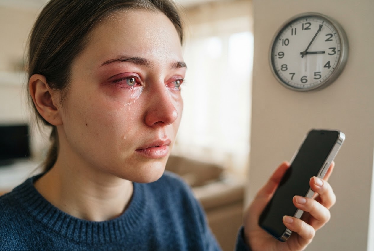 A person with a red, irritated eye looking at a clock showing more than an hour, with a phone in hand.