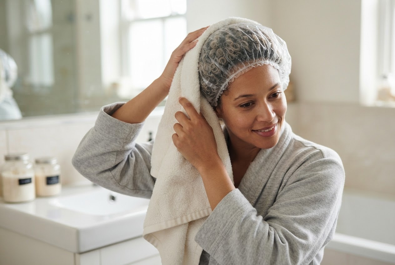 A person wearing a shower cap over hair with a deep conditioning mask applied, possibly holding a warm towel