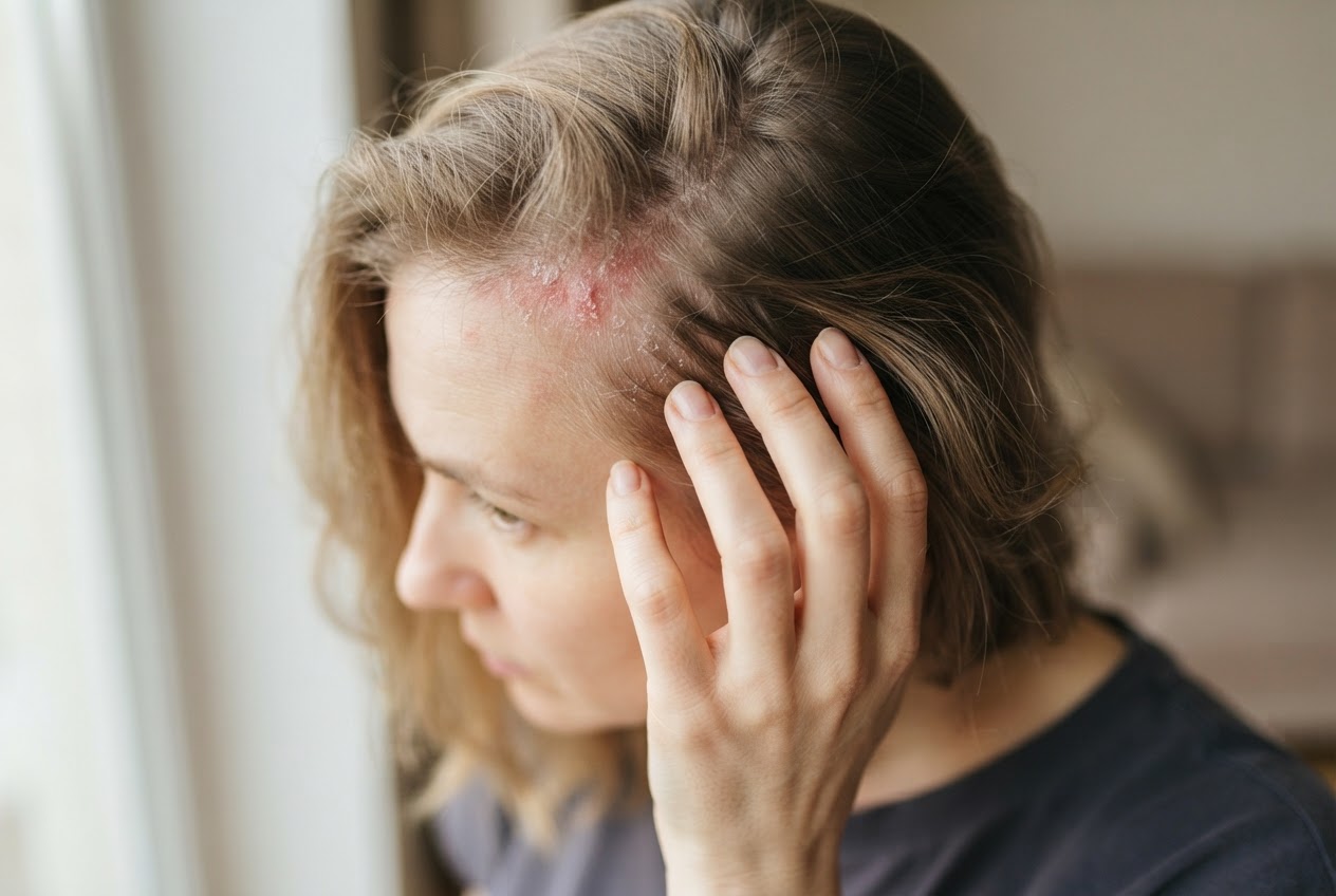 Close-up of a scalp with redness and flakes, a hand gently touching it.