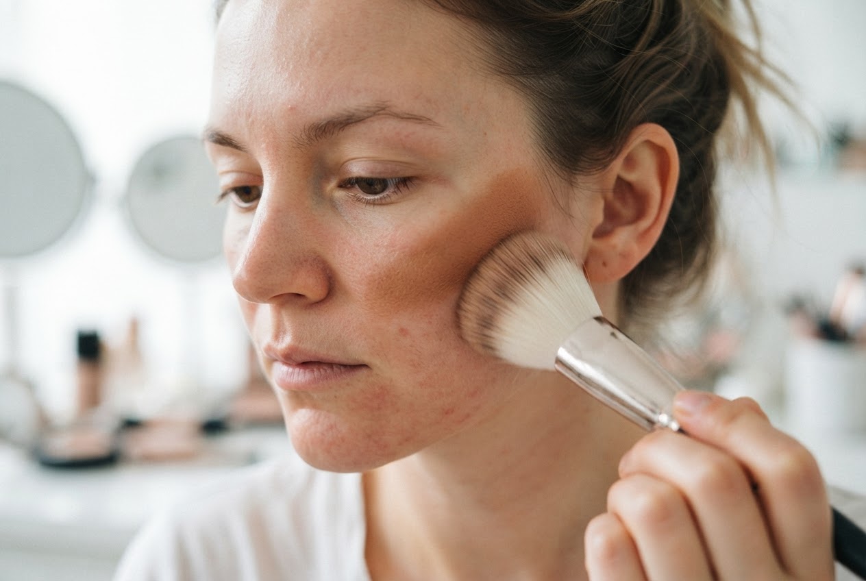 A person using a clean fluffy brush to blend away a too-dark bronzer patch on their cheek.