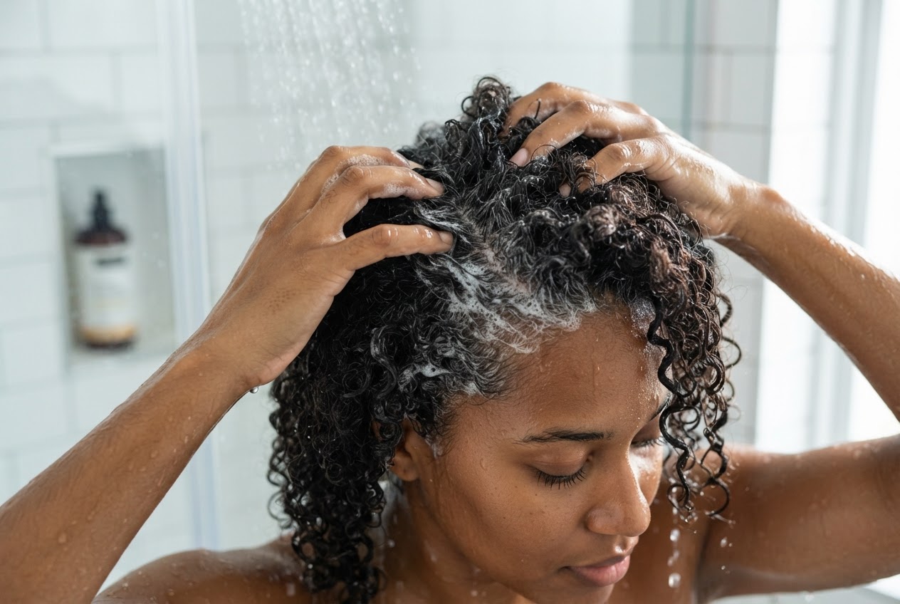 A person with curly hair massaging a small amount of shampoo into their scalp with fingertips.