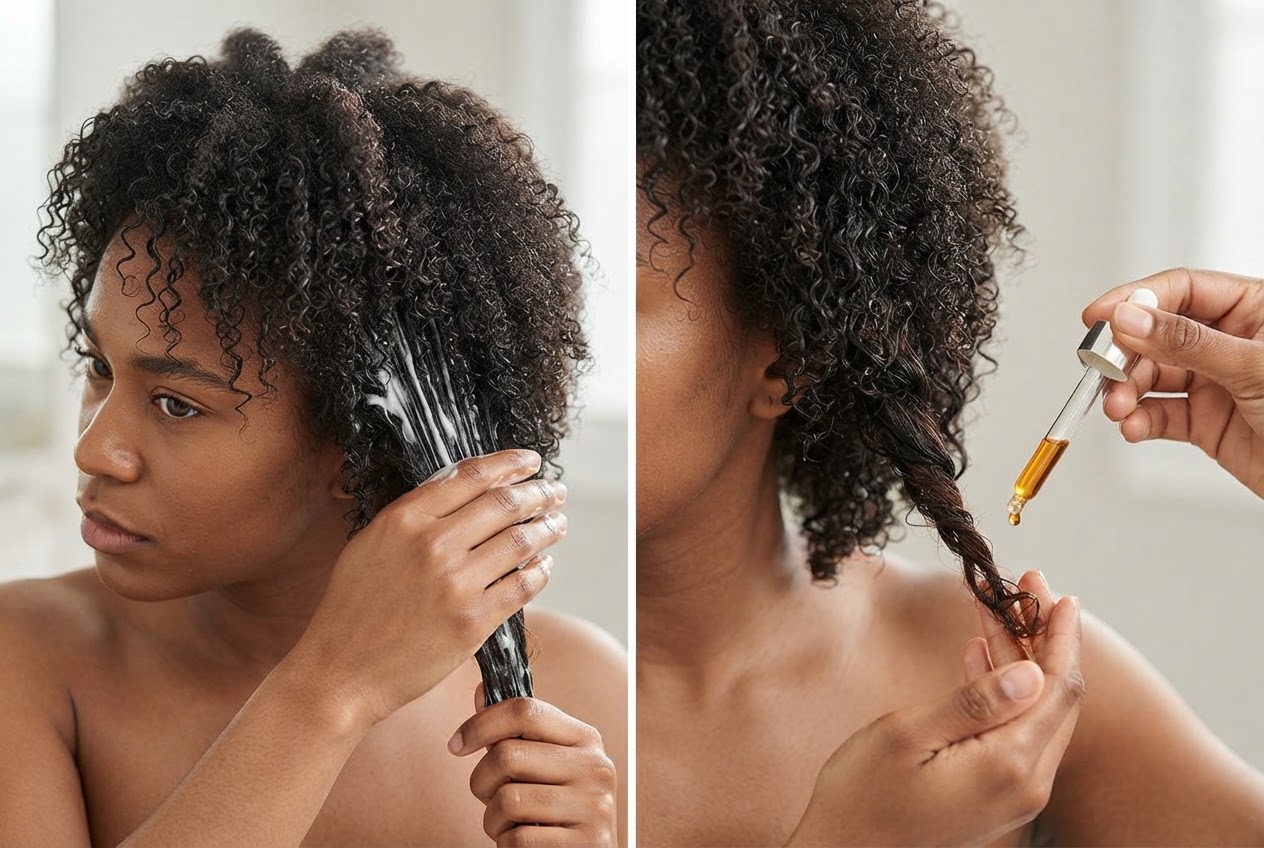 Hand applying leave-in conditioner to damp hair, then a drop of oil being worked into the ends.