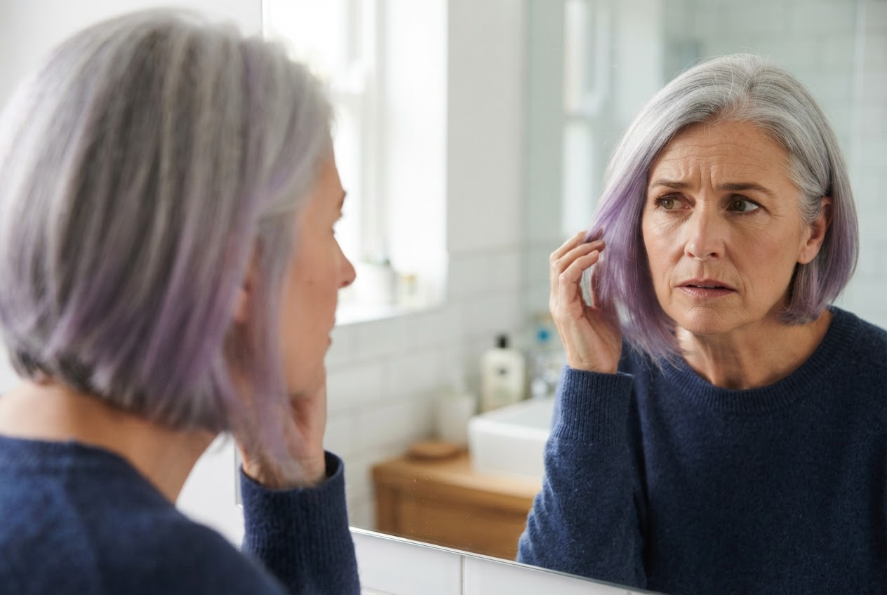 A person with gray hair showing a faint lilac tint, looking at themselves in the mirror with a worried expression.