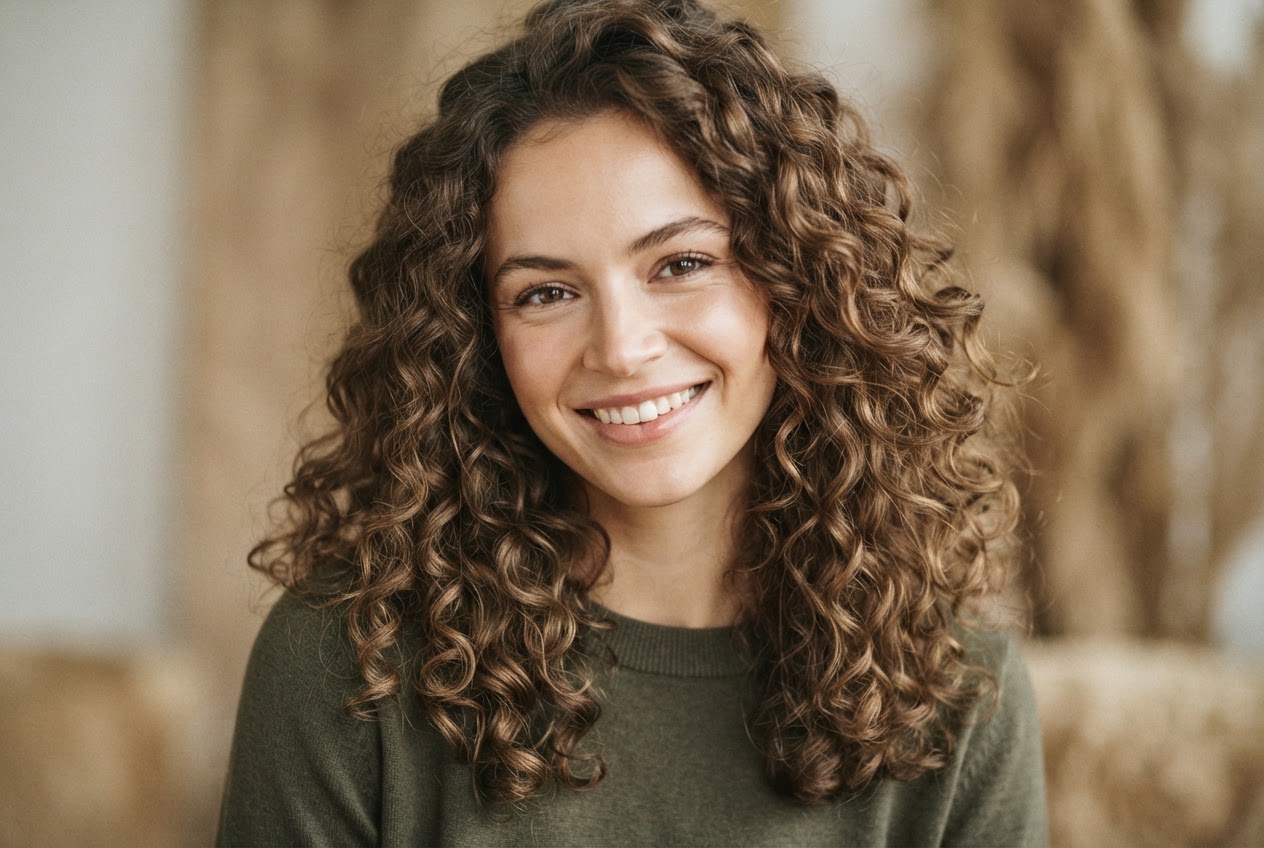 Portrait of a person with healthy curly hair, smiling, with a neutral background.