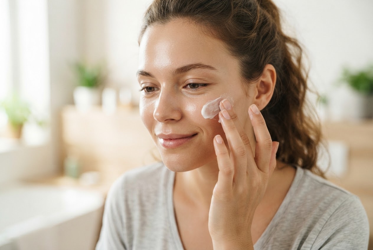 A person gently applying moisturizer to their face with a calm expression, soft lighting.