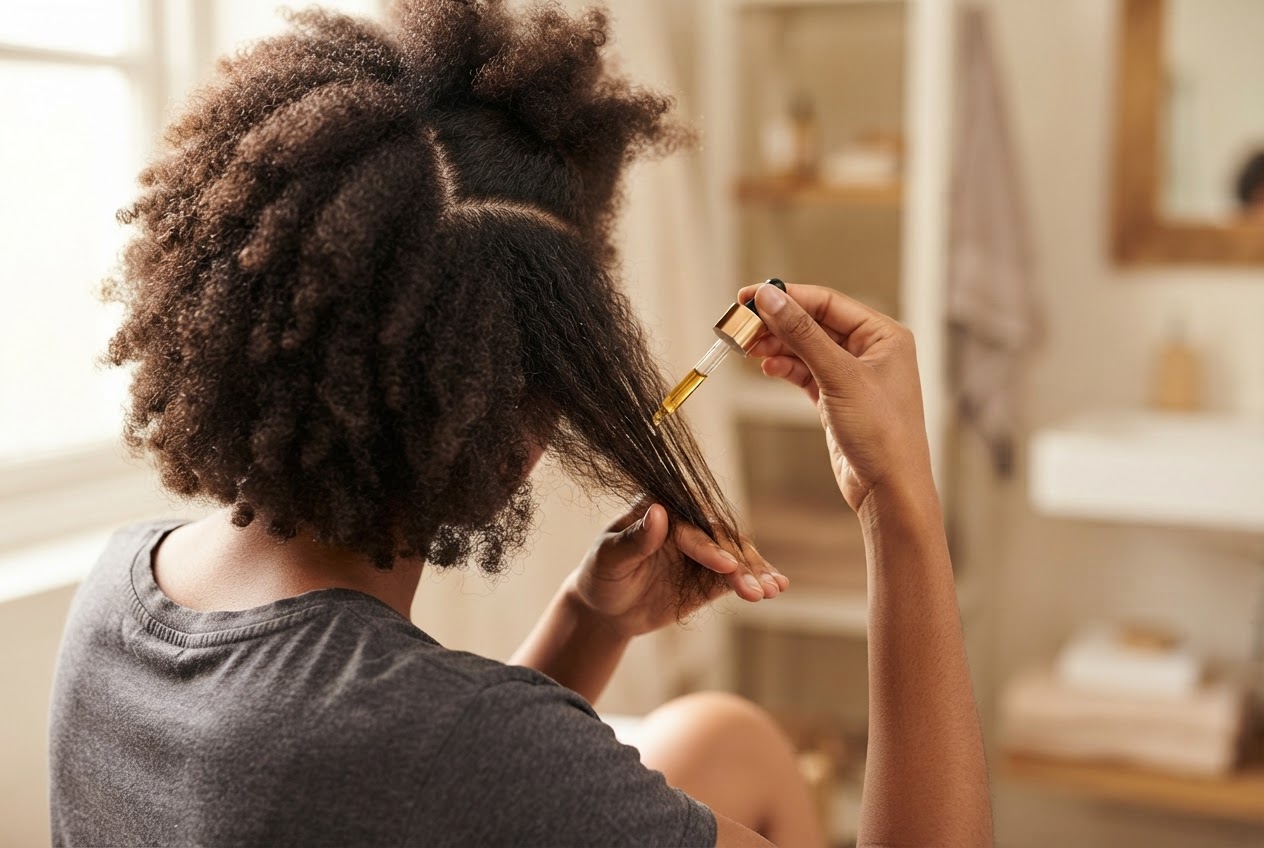 Hands applying golden argan oil to dry, natural Afro hair before washing.