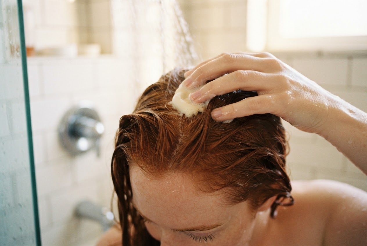A hand applying a small amount of shampoo to the scalp of a person with red hair, lather visible.