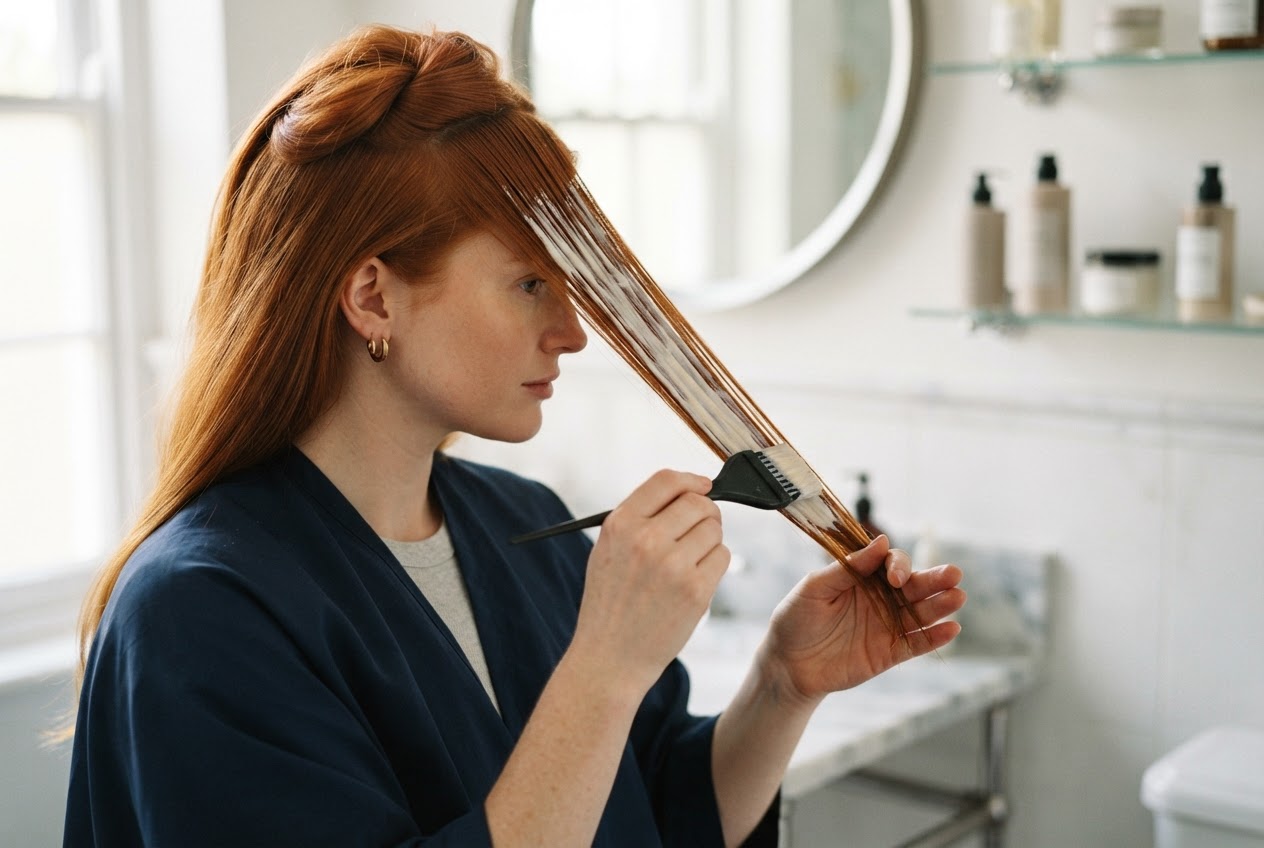 A person with red hair applying a creamy hair mask from mid-lengths to ends with a brush.