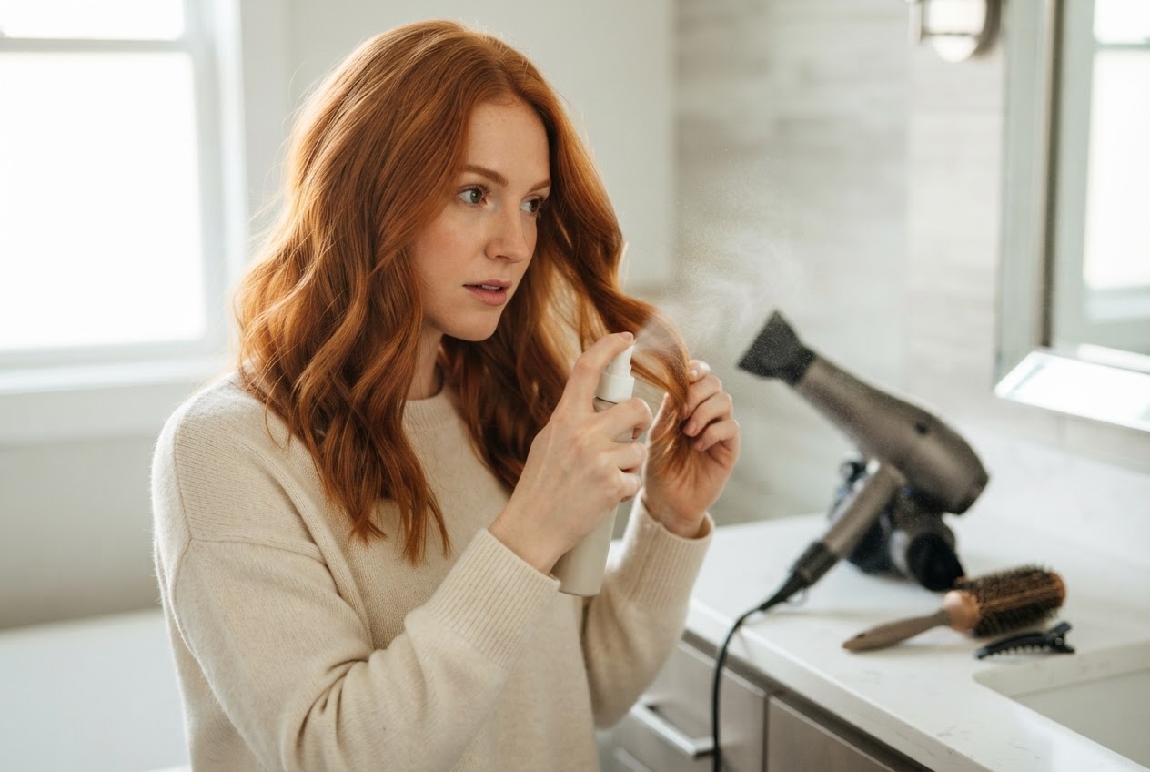 A person with red hair spraying a heat protectant product before using a hair dryer.