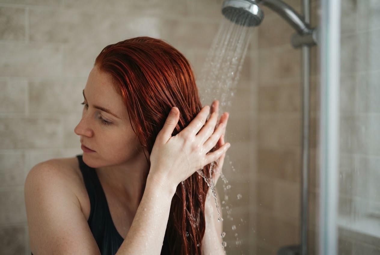 Hands washing long red hair under a gentle stream of lukewarm water in a shower.