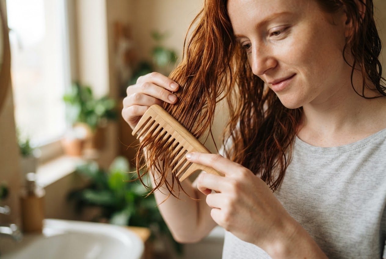 A person with red hair combing through damp hair with a wide-tooth comb in the morning.
