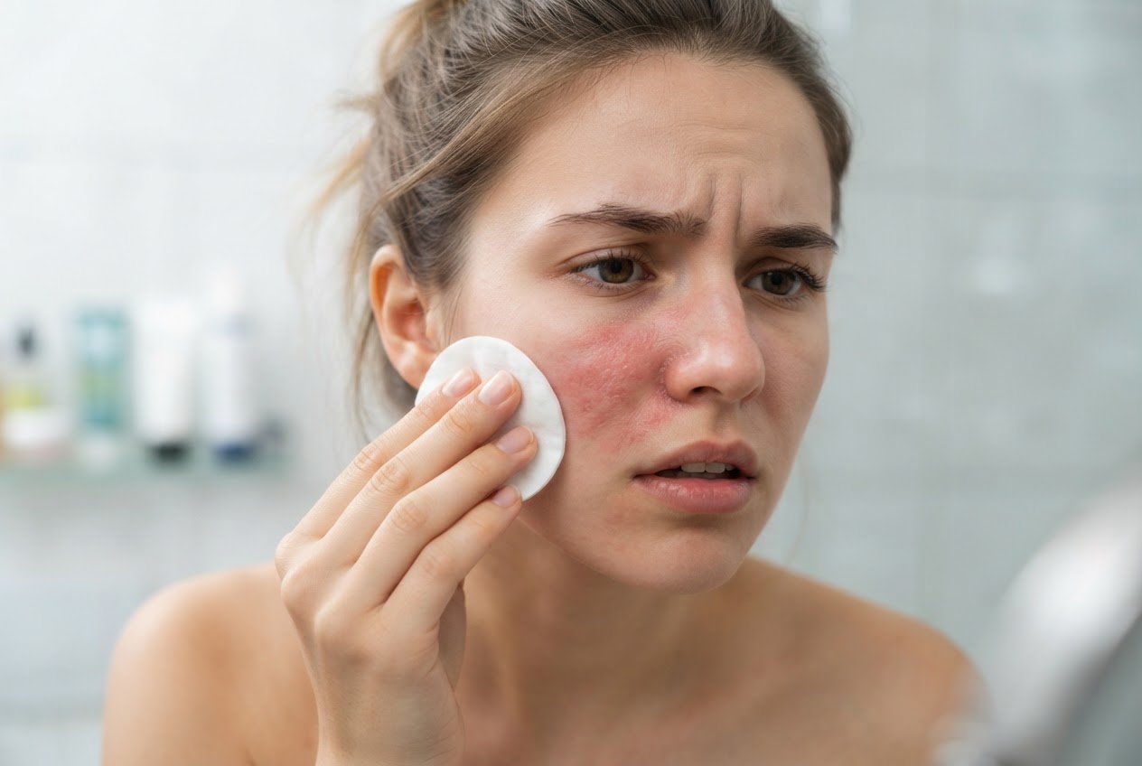 A person with red, irritated skin on the cheek, holding a cotton pad with vinegar.