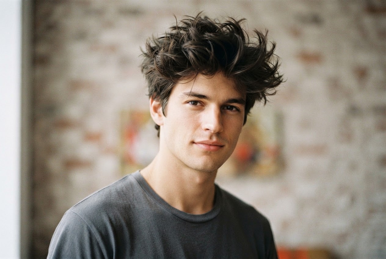 A young man with thick, voluminous hair styled in a messy, textured look, with visible finger-combed strands and natural matte finish.