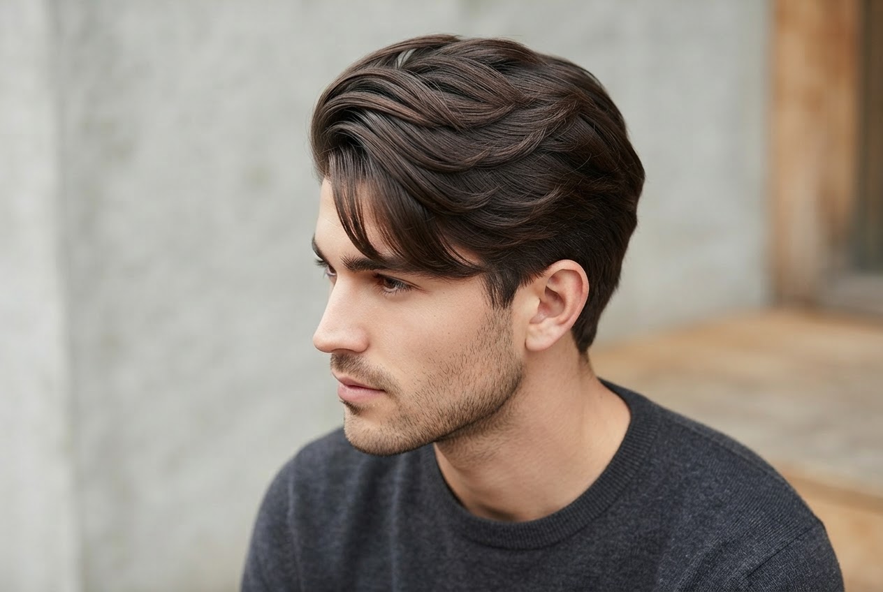 A man with thick hair swept to one side, with visible volume and a defined sweep, fingers pressing the hair to hold the shape.