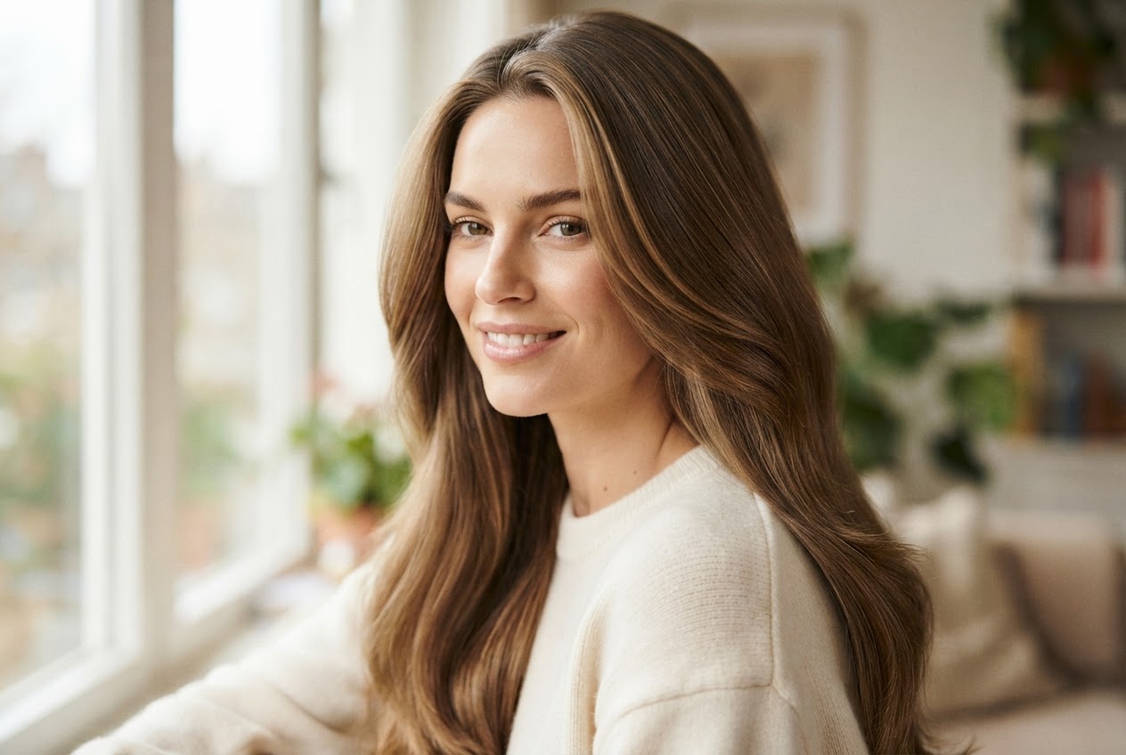 A woman with thick, shiny, healthy hair smiling softly, natural lighting.