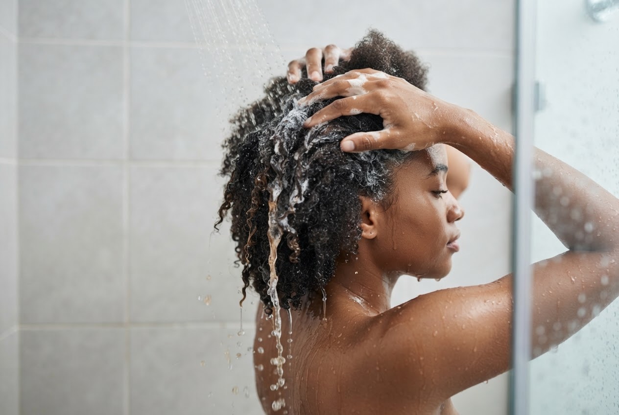 Person in shower applying shampoo to scalp with fingertips, while the rest of the hair is left undisturbed.
