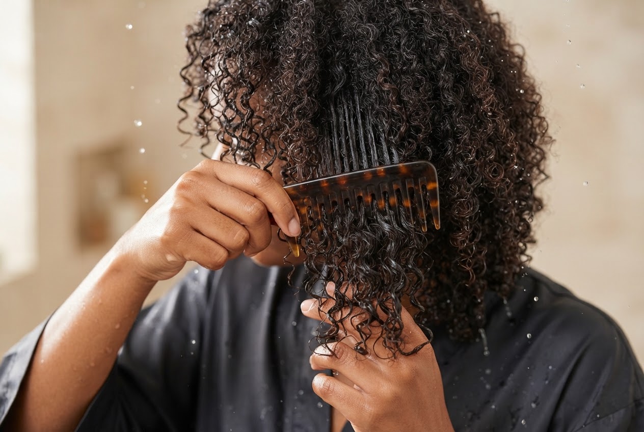 Person detangling wet Afro hair with a wide-tooth comb, starting from the ends.