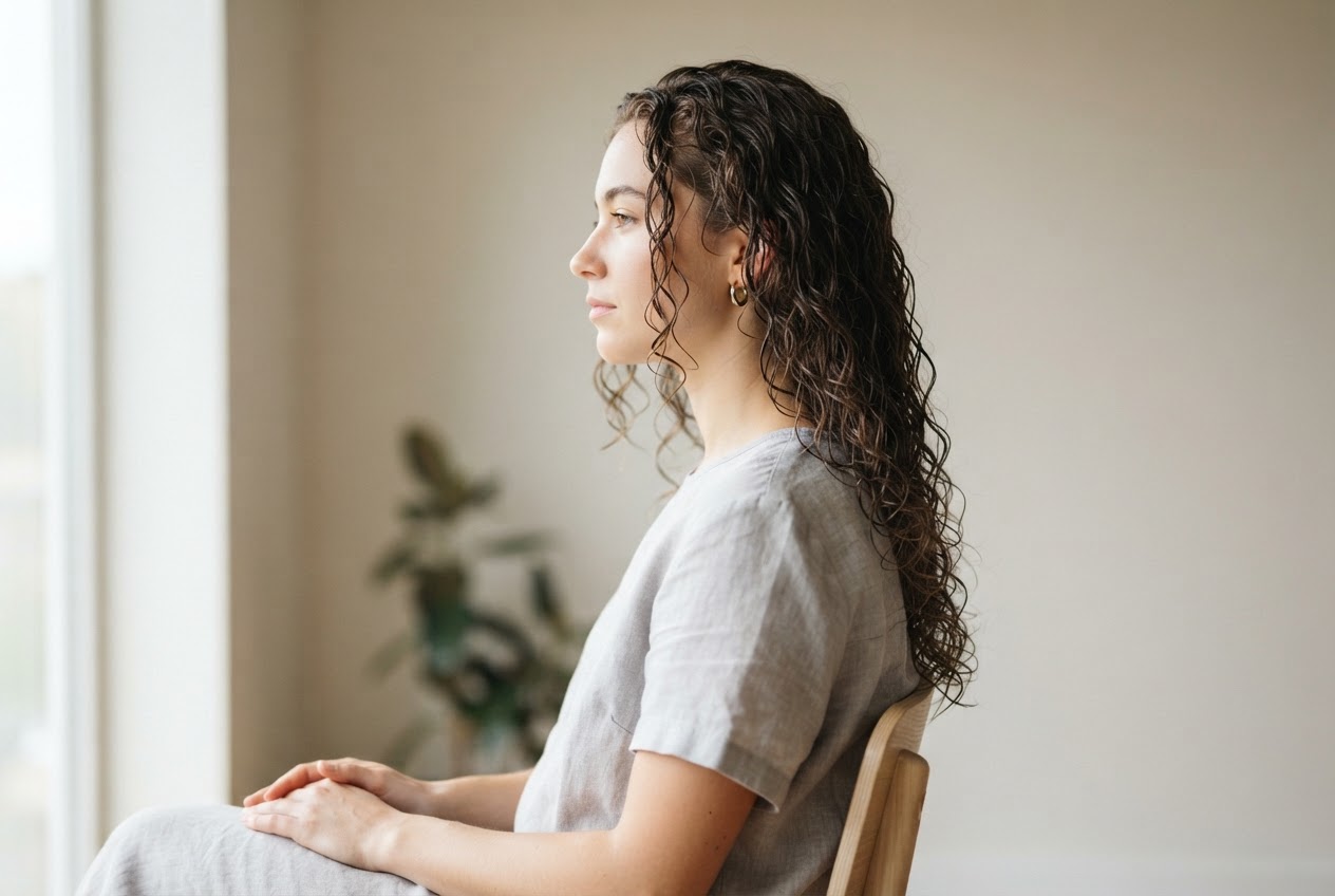 A person with wet curly hair air-drying, hands away from hair, sitting in a neutral setting