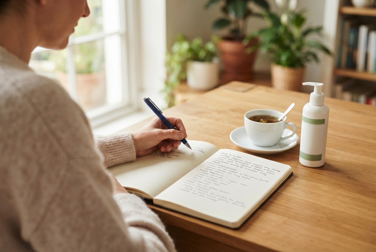 A person writing in a notebook with a pen, with a skincare product and a cup of tea on a table.