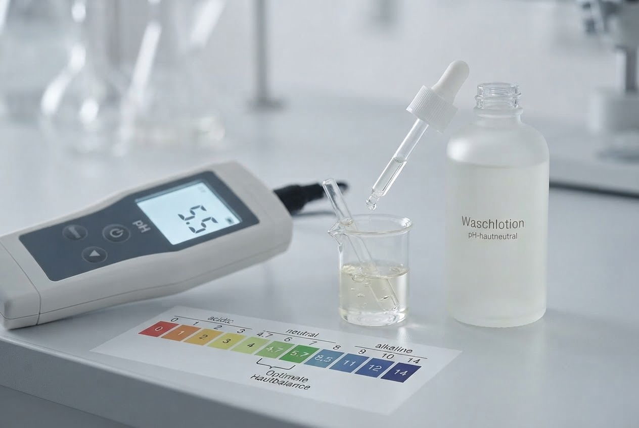 A realistic photo of a pH scale indicator with a highlighted range between 4.7 and 5.75, next to a dropper and a small bottle of cleanser.