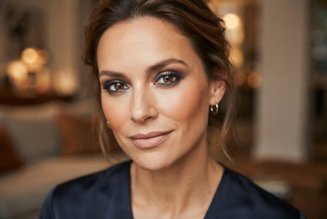 Portrait of a woman with a balanced evening makeup look: strong eyes, warm bronzer on cheeks, and a neutral rose lipstick.