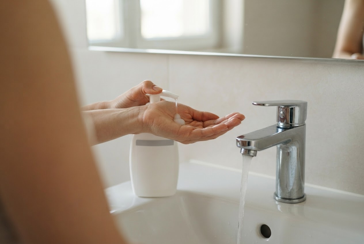 A hand holding a pump bottle of a mild cleanser over a sink with lukewarm water running.