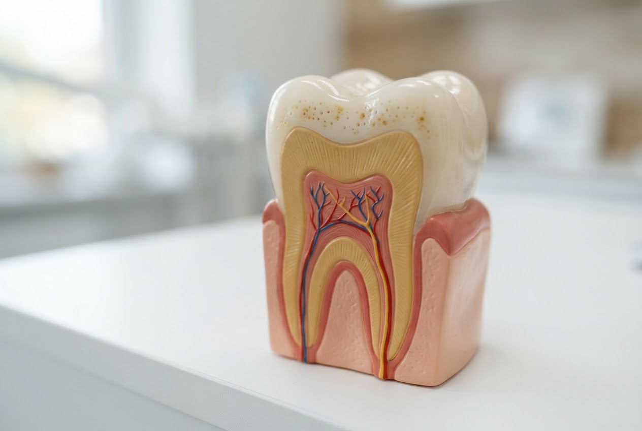 Realistic tooth model showing enamel, dentin, and pulp layers.