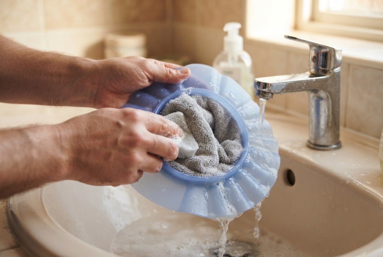 A reusable shampoo cap made of silicone with a soft inner lining, being washed with warm water and dish soap over a basin.